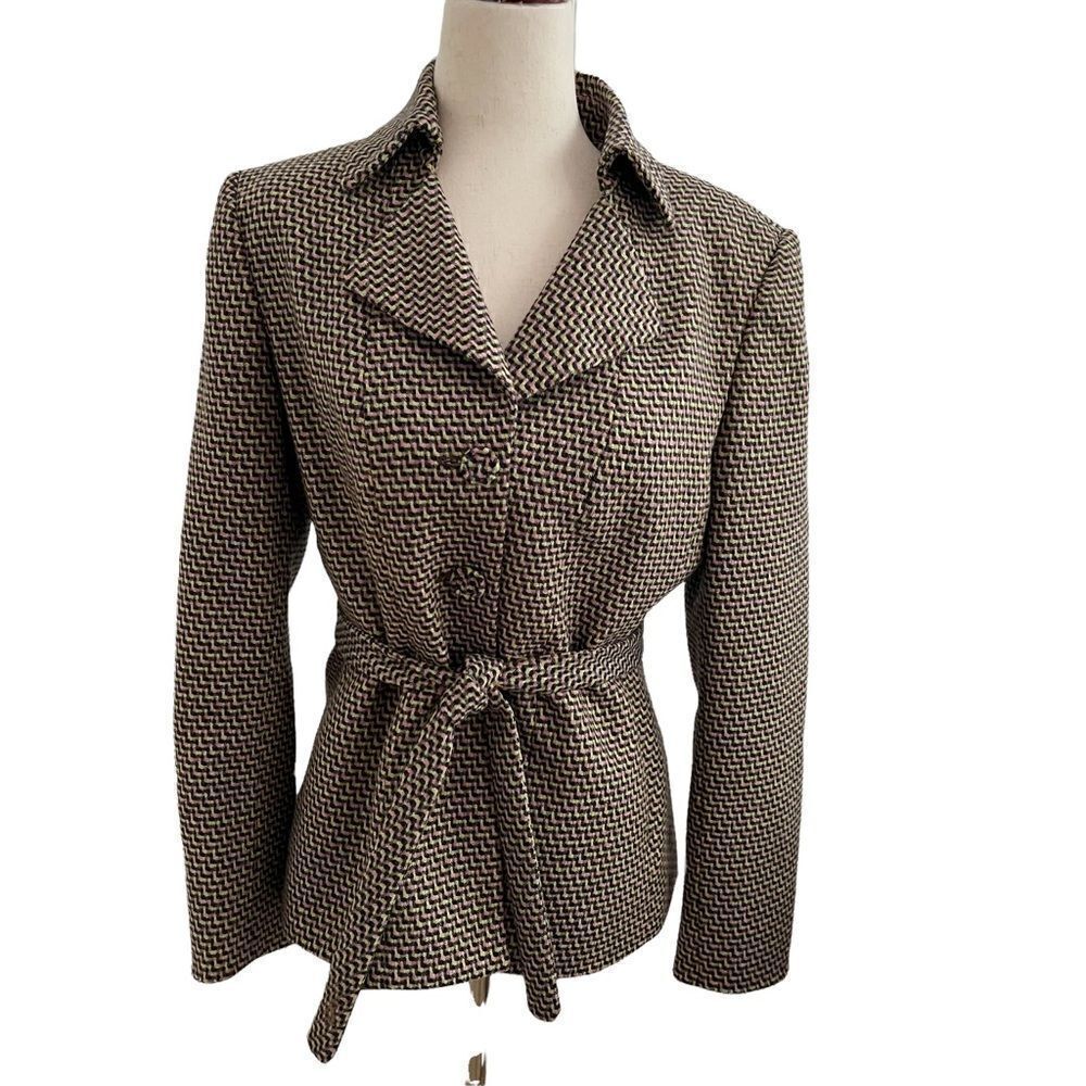 Vintage Albert Nipon Boutique Belted Purple + Green Herringbone Wool Jacket 4P